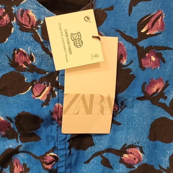 Zara Blue Floral Print Ruched Fitted Long Sleeved Mini Dress - Picture 7 of 12